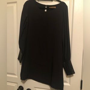 Karen Zambos Vintage Couture Black shift dress with leather cuffs.